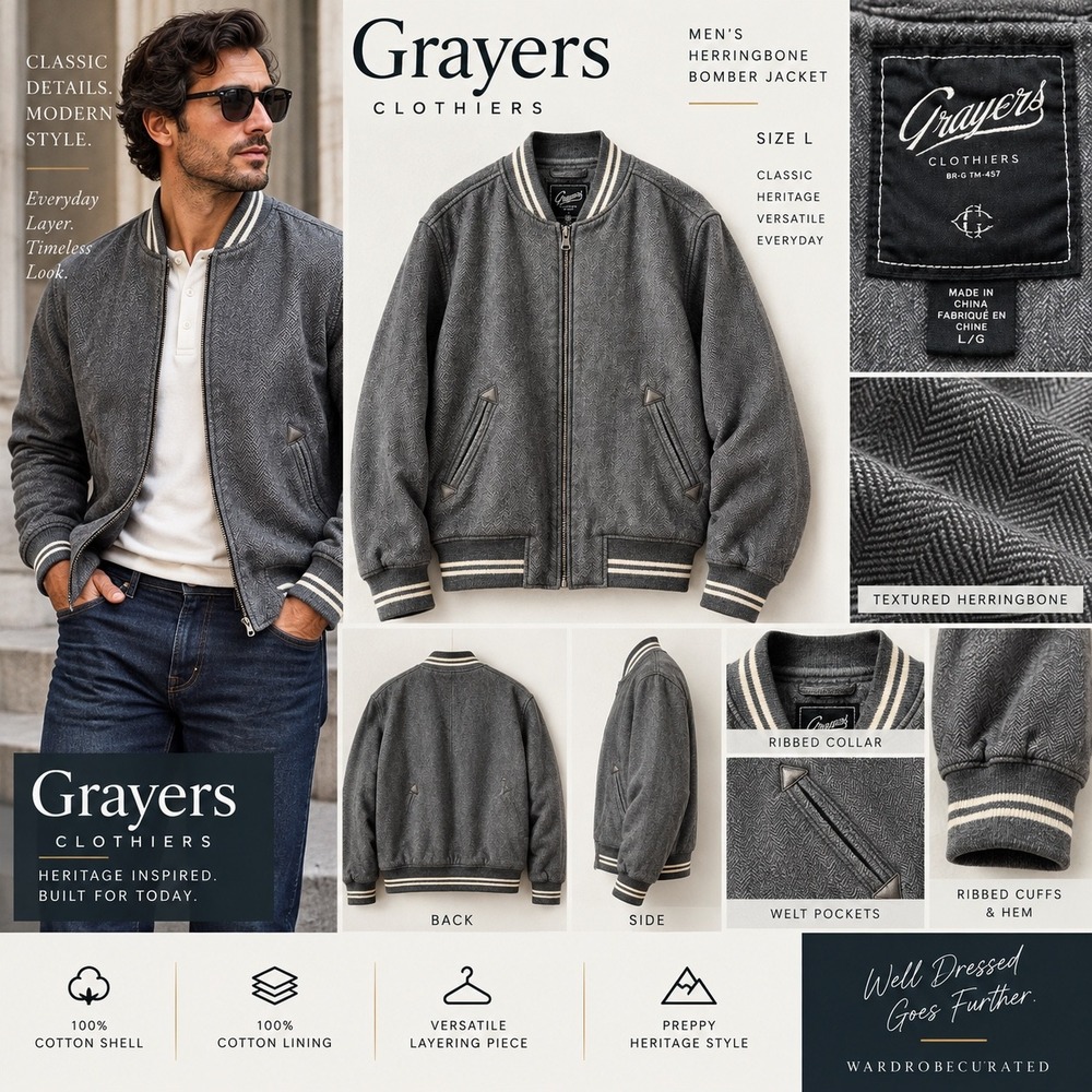 Grayers Clothiers Men L Gray Herringbone Cotton Bomber Jacket Varsity Preppy
